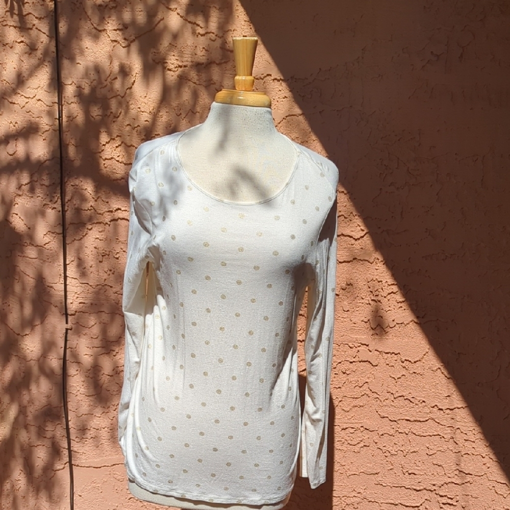 Chico's Cream Long-Sleeve Scoop Neck Top with Gold Dot Print